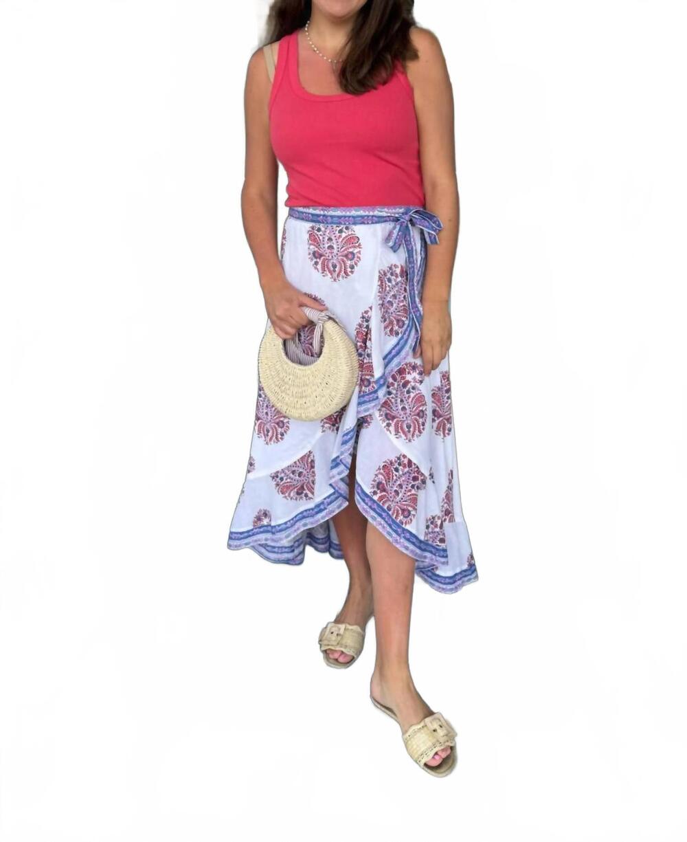 NEW LA PLAGE sheridan faux wrap midi skirt in white/pink/periwinkle